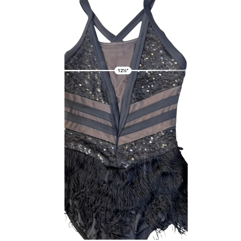 Weissman Dance Leotard LC Black Sequin Fringe Mesh Nylon Spandex